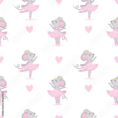 seamless pattern mouse ballerina. cute pattern for children's textiles a mouse in a skirt and crown is dancing.