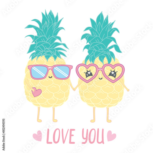 Cute cartoon character Pineapple with a heart and the inscription love you.