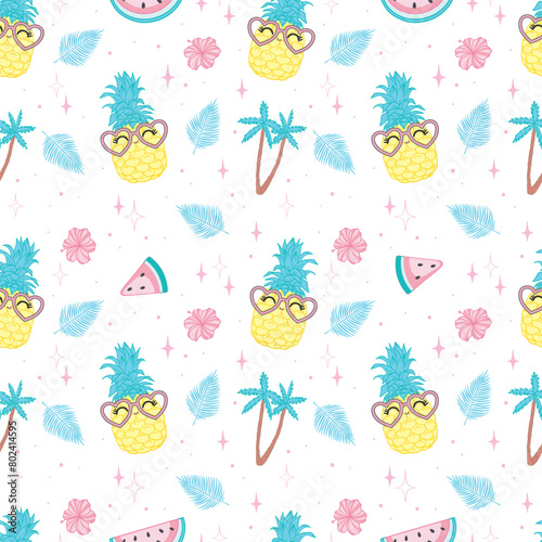 Seamless background with realistic pineapple in glasses. Ideal for invitations, greeting cards, wrapping paper, posters, fabric prints.
