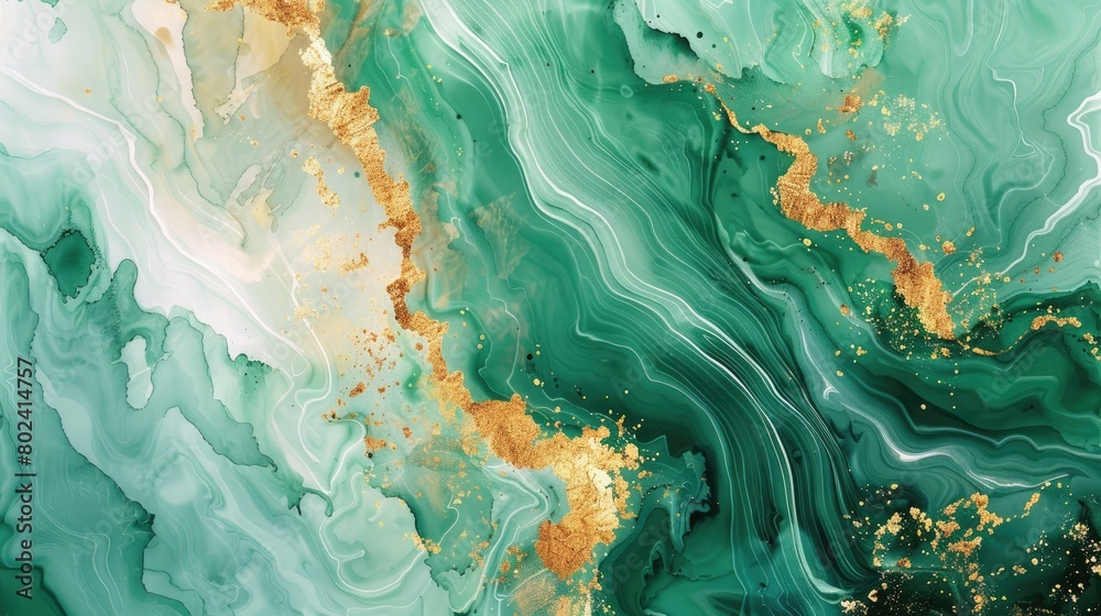 Green watercolor background with Golden shiny and Liquid marble texture