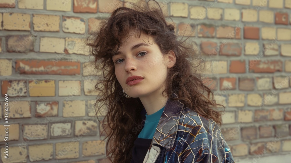 Teen White Woman with Brown Curly Hair 1990s style Illustration. Teen White Woman with Brown Curly Hair 1990s style Illustration.