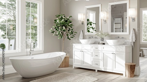 a large  elegant bathroom boasting an open layout adorned with two white cabinets and a double vanity  exuding sophistication through clean lines and bathed in natural light