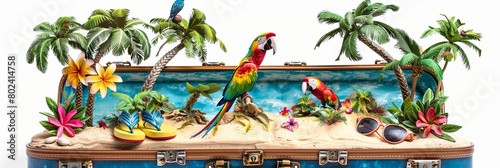 Open retro suitcase with seascape and sand, palm trees and parrots