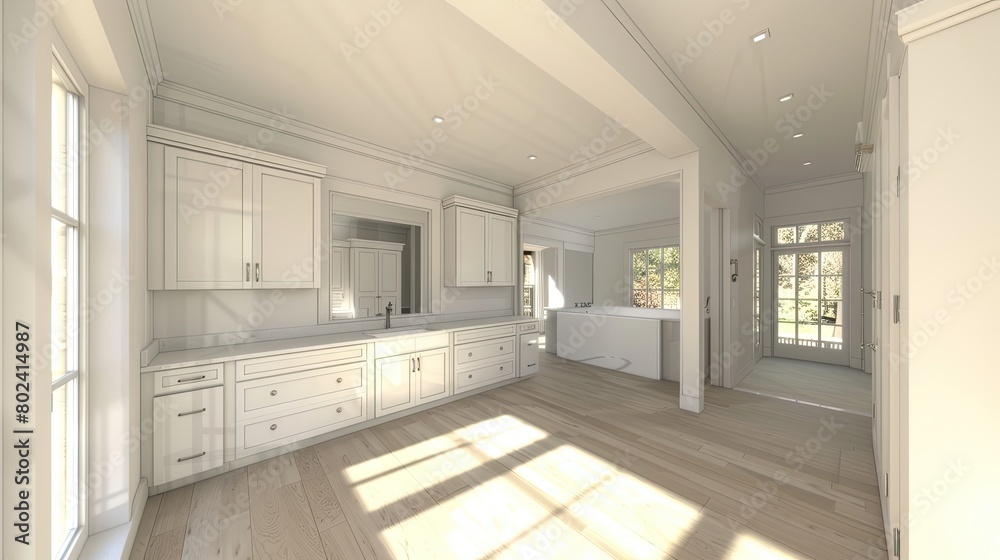 a large, elegant bathroom boasting an open layout adorned with two white cabinets and a double vanity, exuding sophistication through clean lines and bathed in natural light a large, elegant bathroom boasting an open layout adorned with two white cabinets and a double vanity, exuding sophistication through clean lines and bathed in natural light