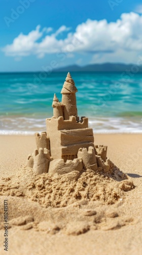 An elaborate sand castle stands on the sandy shore by the waters edge, blending into the natural landscape as a stunning piece of ephemeral art