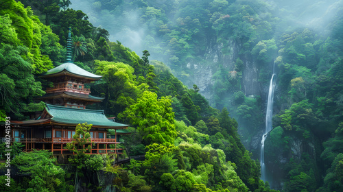 A green mountain with a waterfall and a small green building photo