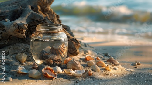 saline solution in a jar on the seashore photo