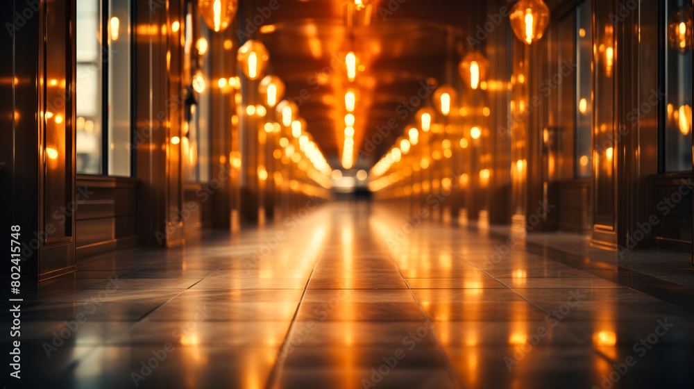 A long hallway with a lot of light shining on the floor. Elegant Hotel Corridor at Sunset. Soft focus background A long hallway with a lot of light shining on the floor. Elegant Hotel Corridor at Sunset. Soft focus background