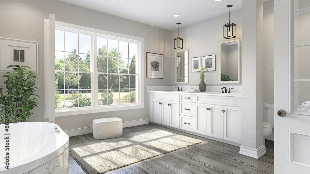 a large, elegant bathroom boasting an open layout adorned with two white cabinets and a double vanity, exuding sophistication through clean lines and bathed in natural light a large, elegant bathroom boasting an open layout adorned with two white cabinets and a double vanity, exuding sophistication through clean lines and bathed in natural light