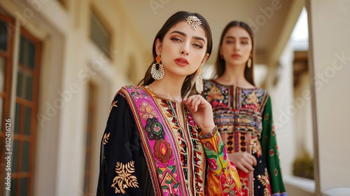 young women in traditional South Asian clothing are sitting close to one another and smiling at the camera. The woman on the left is wearing a yellow dress with gold embroidery, and the woman on the r