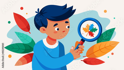 A young boy uses a magnifying glass to examine leaves stained with red white and blue pigments learning about the chemical compounds responsible for. Vector illustration