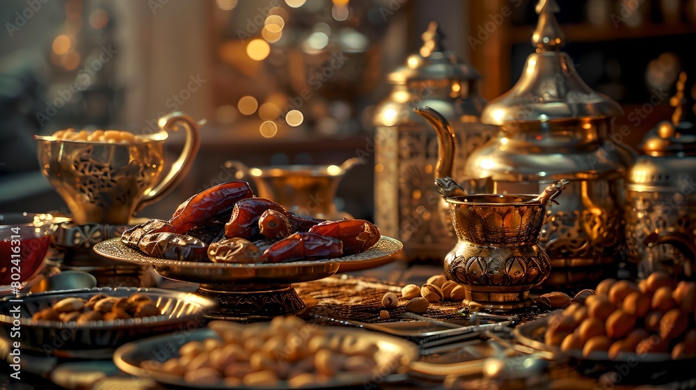 Traditional Eastern tea setting with dates and nuts. Inviting, richly decorated tableware. Perfect for cultural themes. Exotic dining experience. AI Traditional Eastern tea setting with dates and nuts. Inviting, richly decorated tableware. Perfect for cultural themes. Exotic dining experience. AI