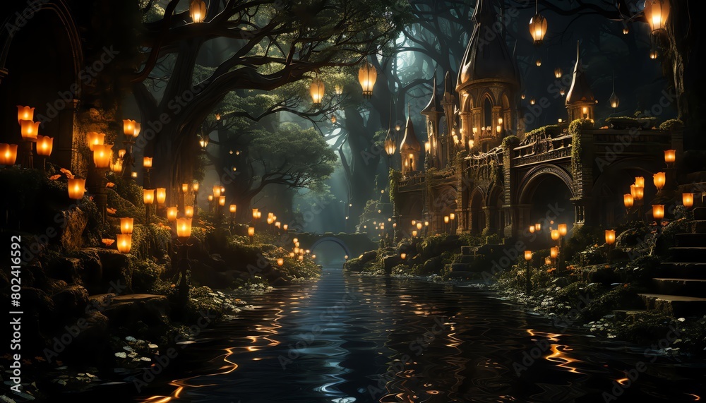 Enchanting stock image of a fairytale forest with glowing pathways and mythical creatures, capturing the essence of whimsy and adventure