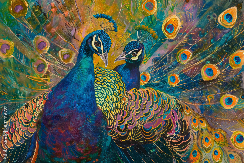 Fototapeta premium Two peacocks are depicted in a painting with their feathers spread out