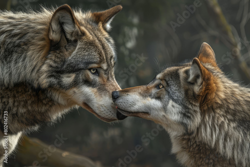 Two wolves are kissing each other s faces