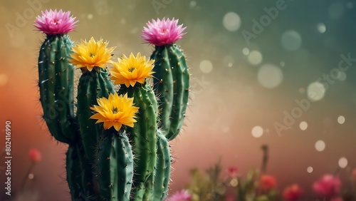 Cactus with flowers and bokeh background, photo