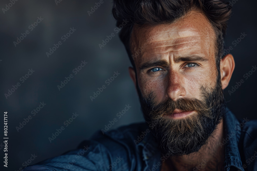 A man with a beard and a blue shirt is looking at the camera