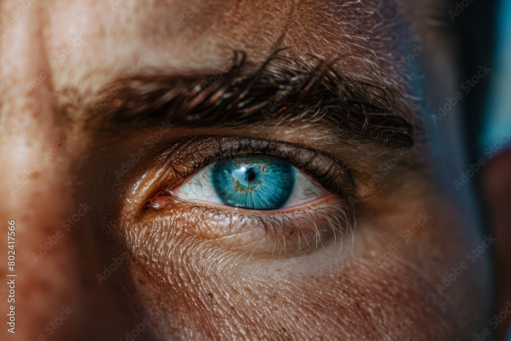 A man's eye is open and has a blue color