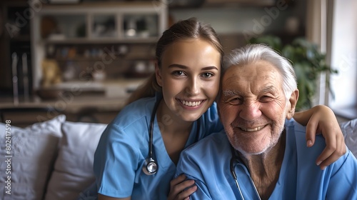 Caring nurse with elderly patient smiling at home. Warm and friendly healthcare. Professional in-home medical care services. Tender moment captured in casual style. AI photo