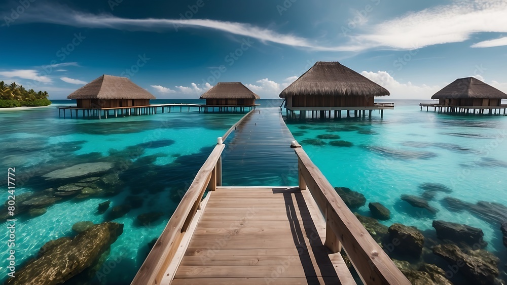Beautiful tropical Maldives island with water bungalows and beach