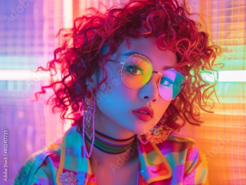 Adult Chinese Woman with Red Curly Hair neon style Illustration.