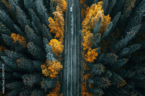 Drone view of road or a path through the forest for vacation, adventure and transportation.