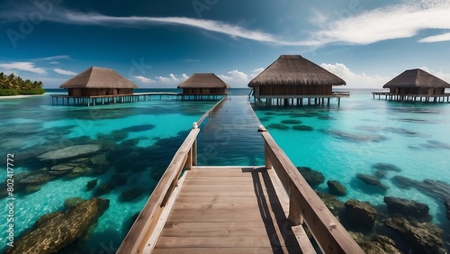 Beautiful tropical Maldives island with water bungalows and beach © ASGraphicsB24