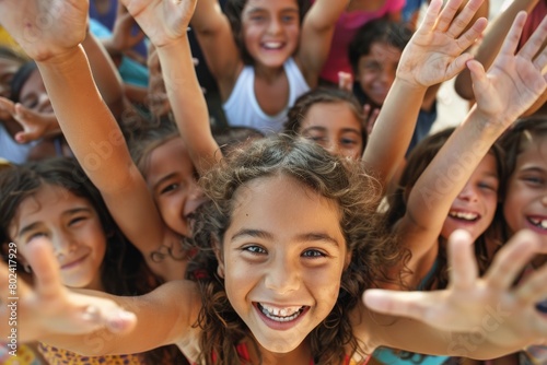 Group of children with raised hands in front of the camera at school