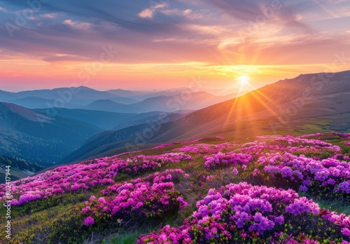  Colorful sunrise in the mountains with blooming purple rhododendron flowers on a grassy hill 