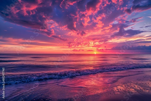 Colorful sunset over the ocean  beautiful sky with red and purple clouds and reflection on the water.