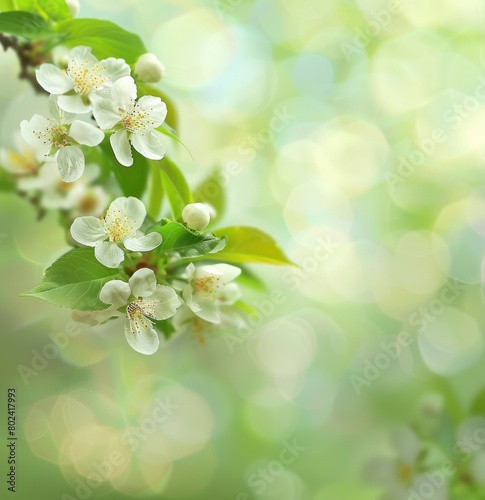  White flowers on the branches of a cherry tree with spring background .