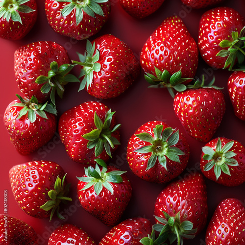 Ripe juicy strawberries on a red background. pattern. Creative summer background composition with strawberry. Minimal fruit concept ai technology