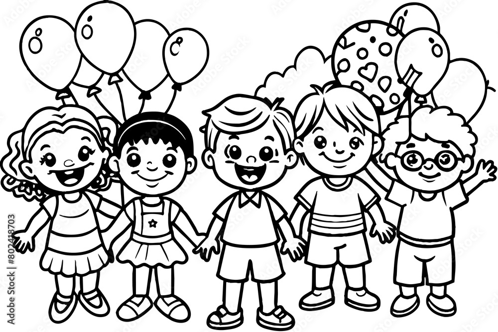 Children with balloons. International Children's Day. Black and white vector illustration