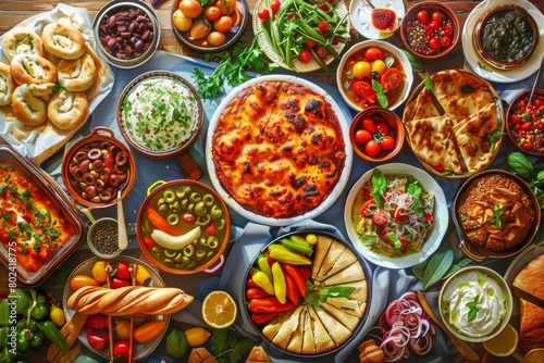 A table full of food with a variety of dishes including a pie, a bowl of salad