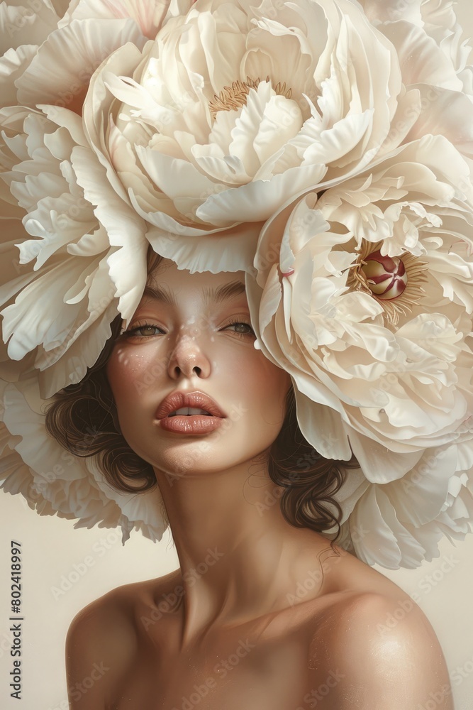 realistic Illustration of a beautiful woman with large peonies on her head. fashion beauty portrait, vertical