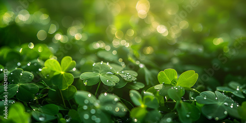 Green leaves with some shamrocks flying on top of the green with Swaying in Serenity Clover blurred defocused background at sunny day.