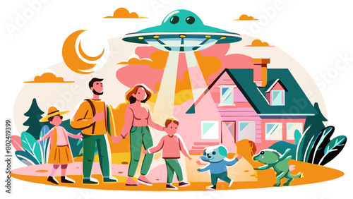 Cartoon Family Encounters UFO on Suburban Adventure