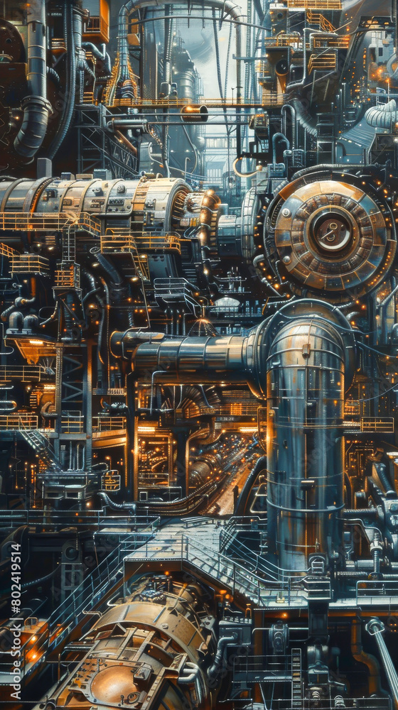 A futuristic industrial scene with pipes and machinery