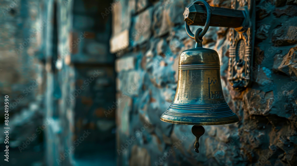 Fototapeta premium A bell hanging from a stone wall