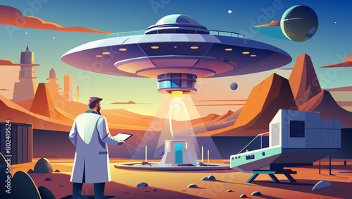 Scientist Observing an Alien Spaceship Landing on a Distant Planet