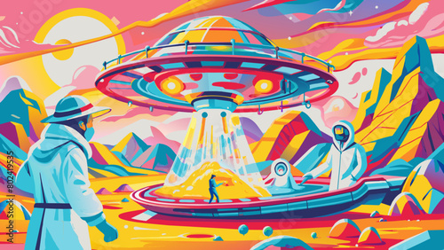 Vibrant Alien Abduction Scene with UFO and Human in Surreal Landscape