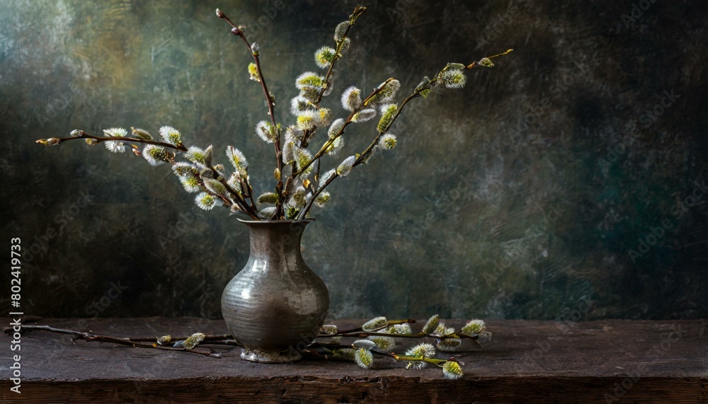 Branches of the willow with flowering bud in vase with water in ceramic vase on table. Dark background Branches of the willow with flowering bud in vase with water in ceramic vase on table. Dark background