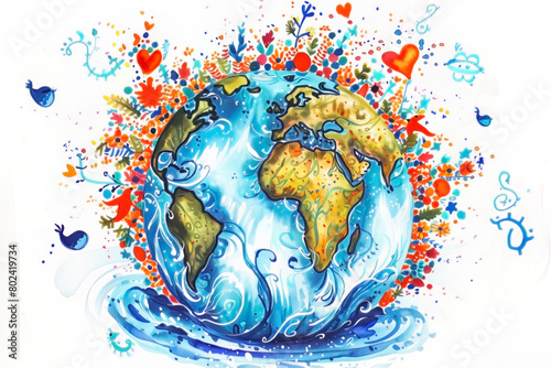 Fototapeta Naklejka Na Ścianę i Meble -  PLANET EARTH SURROUNDED BY FLOWERS AND HEARTS. ENVIRONMENT DAY.