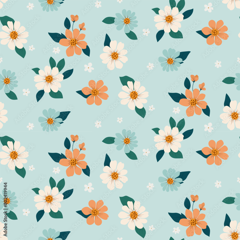 Fototapeta premium Seamless floral pattern. Background in small flowers for textiles, fabrics, cotton fabric, covers, wallpaper, print, gift wrapping, postcard, scrapbooking.