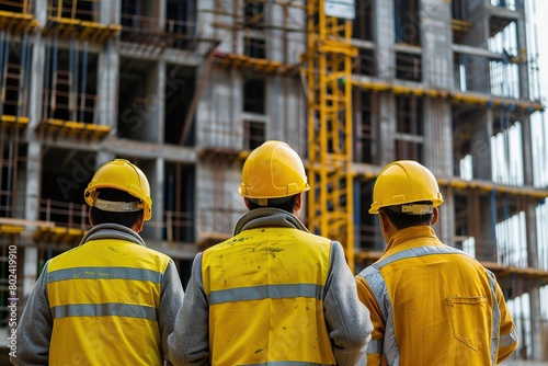 Back view of workers in helmet and safety vest standing on blurred building background