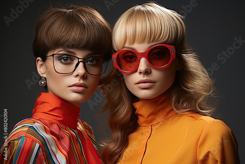 Two Women With Red Glasses Standing Together. Generative AI