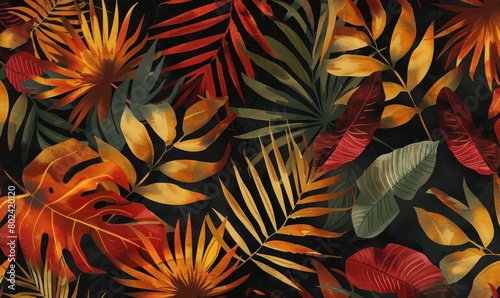 Abstract trendy  pattern with bright tropical leaves and plants on a dark background wallpaper