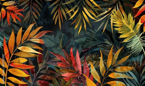 Abstract trendy  pattern with bright tropical leaves and plants on a dark background wallpaper