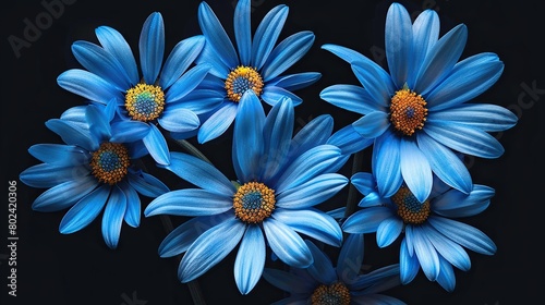 There are several blue daisies with yellow centers on a black background.

 photo