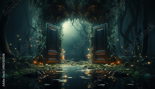 Conceptual stock image of a mysterious door opening to a glowing, magical realm, framed by dark trees in a mystical forest setting